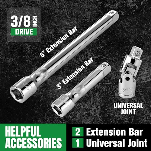 SK 3/8" Drive Socket Set with 216-P Ratchet, SAE & Metric, CR-V Steel | 41-Piece Sockets with Quick-Release Ratchet, SuperKrome Finish, Heat Treated, with Storage Suitcase - size: 3/8" Drive