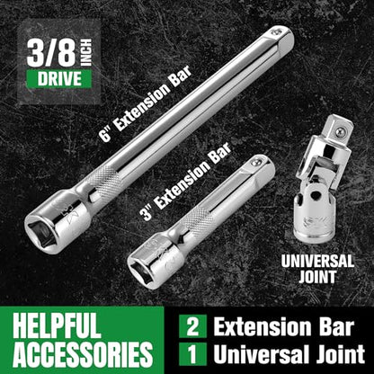 SK 3/8" Drive Socket Set with 216-P Ratchet, SAE & Metric, CR-V Steel | 41-Piece Sockets with Quick-Release Ratchet, SuperKrome Finish, Heat Treated, with Storage Suitcase - size: 3/8" Drive