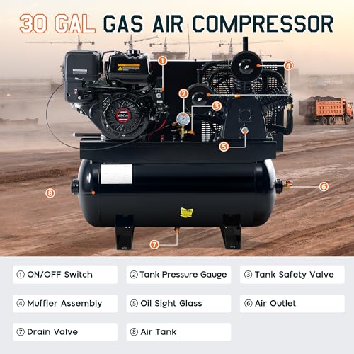 Albott 13HP Gas Air Compressor 30 Gallon Portable Horizontal Tank | 420cc Loncin Engine Max 180 PSI Pressure 3 Cylinders Cast Iron Pump Pneumatic Tool Compatible Commercial and Residential Use - size: 30 Gal