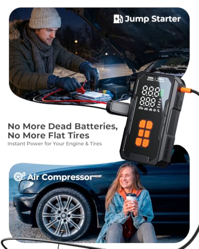 Jump Starter with Air Compressor, 12V Car Battery Jumper Starter Portable for 8.0L Gas/6.0L Diesel, Car Battery Charger Jump Box with 160PSI Auto-Shutoff Tire Inflator and Storage Case, Black