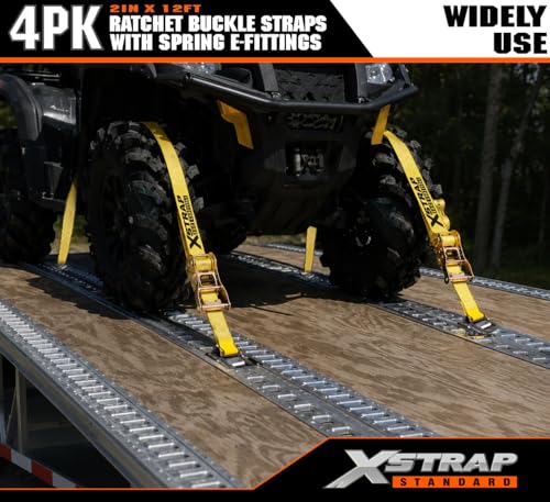 XSTRAP STANDARD 4-PK 2" x 12' E-Track Heavy Duty Ratchet Tie Down Straps | 4,400lbs Break Strength Cargo Securement Straps for Trailers, Trucks, Vans & Motorcycles with Spring Fittings (Yellow) - size: Yellow-4PK-12FT