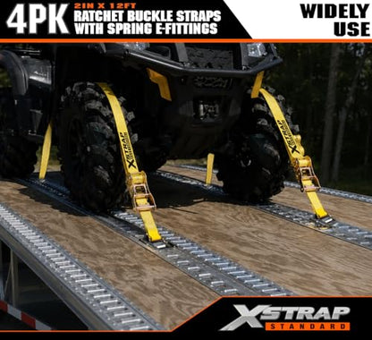 XSTRAP STANDARD 4-PK 2" x 12' E-Track Heavy Duty Ratchet Tie Down Straps | 4,400lbs Break Strength Cargo Securement Straps for Trailers, Trucks, Vans & Motorcycles with Spring Fittings (Yellow) - size: Yellow-4PK-12FT