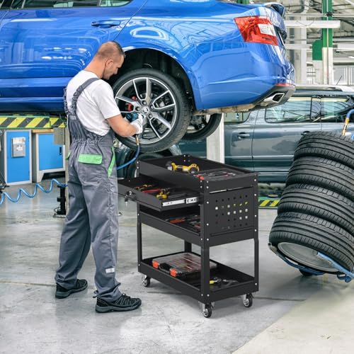3 Tier Rolling Tool Cart on Wheels, 550 LBS Tool Cart with Drawers，Heavy Duty Utility Cart with Pegboard and Hooks，Mechanic Tool Storage Cart for Garage, Warehouse (Black) - color: Black