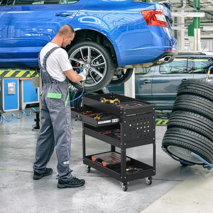 3 Tier Rolling Tool Cart on Wheels, 550 LBS Tool Cart with Drawers，Heavy Duty Utility Cart with Pegboard and Hooks，Mechanic Tool Storage Cart for Garage, Warehouse (Black) - color: Black