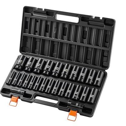 VEVOR Impact Socket Set, 1/2" Drive, 26-Piece Impact Sockets, 6-Point Sockets, Metric 10-30 mm, 32-36 mm, Easy to Identify, with a Sturdy Storage Case, Cr-V Alloy Steel Structure, for Vehicles Repair