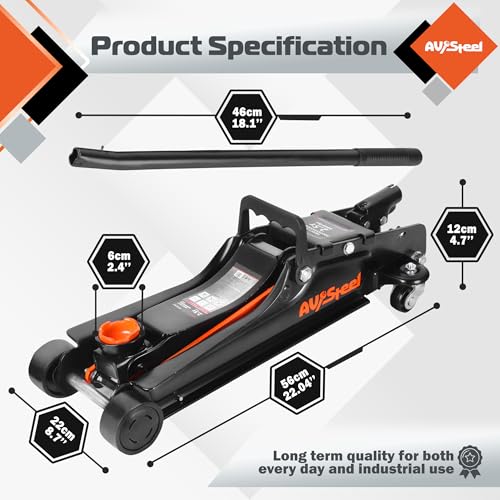 AV Steel Low Profile Floor Jack 2.5 Ton (5000 lbs), Lift Range 3.4" to 14.6" for Cars & Sedans, Hydraulic Steel Jack with Single Piston Pump - Not for Trucks or SUVs
