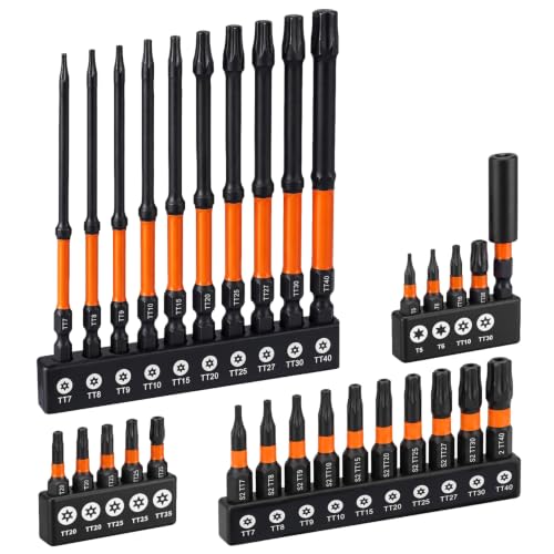Impact Torx Bit Set 1”&3” 30PCS (T5,T6,TT7-TT40),S2 Steel Security Torx Bit Set with Magnetic CNC Machined Tips, Star Bits Set with Bit Holder Storage Case