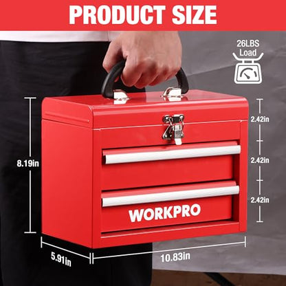 WORKPRO Portable Mini Tool Box, 2 Drawers Metal Tool Chest with Ball Bearing Slides, Top Storage with Latch, Ergonomic Carrying Handle, Mechanic Toolbox with PVC Liners and PP Feet Pads - color: Red