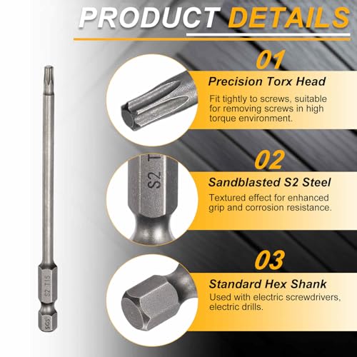 HARFINGTON 10pcs T15 Torx Head Screwdriver Bit 1/4" Hex Shank 4" (100mm) Long Magnetic No Hole Tip Tamper Proof 6 Point Star Screw Driver Drill Bits S2 Steel Industrial Power Screwdrivers - size: T15 x 4"