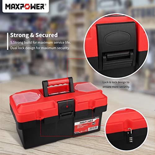 MAXPOWER Small Tool Box, 14-inch Plastic Tool Boxes with Handle | Removable Tray with Dual Lock Secured, Red Toolbox for Home - size: 14”, style: 14" red