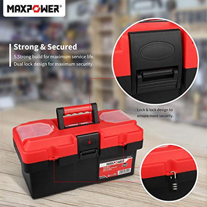 MAXPOWER Small Tool Box, 14-inch Plastic Tool Boxes with Handle | Removable Tray with Dual Lock Secured, Red Toolbox for Home - size: 14”, style: 14" red