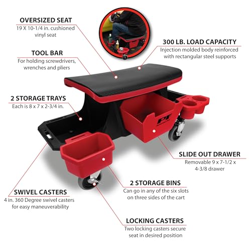 Performance Tool W85035 Heavy Duty Roller Mechanics Seat and Brake Stool with 4-Inch Rubber Swivel Casters Roll Over - style: Rolling Storage Garage Seat