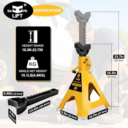 6 Ton (13,200 LBs) Jack Stands with Double Pin Locking,Rubber Cover,Large Foot Base,16-24In Adjustable Height Heavy Duty Jack Stands,Lifting Car,Bus,RV,SUV,MPV,Pickup Truck,1 Pair Yellow - color: yellow, size: 6Ton Load Capacity