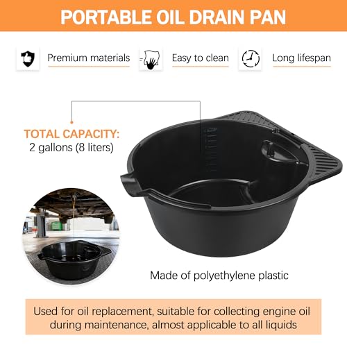 2 Gallon (8L) Portable Oil Drain Pan, Heavy-Duty Motor Oil Drip Catcher Pan for Automotive, Lawn Mower, ATV Oil Change （1 Pcs）