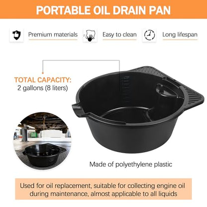 2 Gallon (8L) Portable Oil Drain Pan, Heavy-Duty Motor Oil Drip Catcher Pan for Automotive, Lawn Mower, ATV Oil Change （1 Pcs）