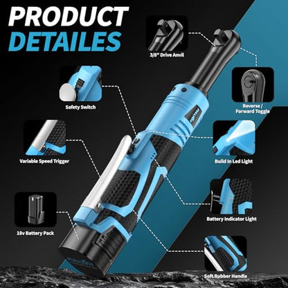 FULLYEA Electric Ratchet Wrench Set,18V Cordless Ratchet Tool Kit,550 RPM, 3/8" Variable Speed Power Ratchet Wrench with LED Light, 2 * 2.0Ah Batteries and Fast Charger, Blue
