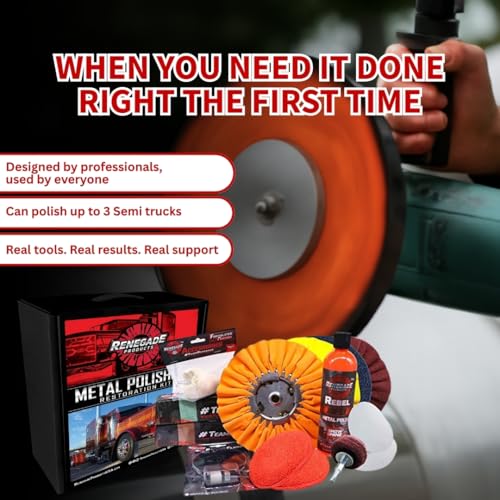 Renegade Products Big Rig & Semi Truck Metal Polishing Complete Kit with Buffing Wheels, Buffing Compound, Safety Flanges, Polishing Accessories and Rebel Red Liquid Metal Polish