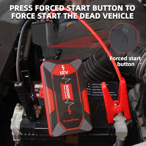 3000A Jump Starter for 6.0L Gas 4.0L Diesel Battery Jumper Box | 3000A peak current; fits glove box with hard case; 9 safety protections; power bank function; 3-mode LED light - color: red
