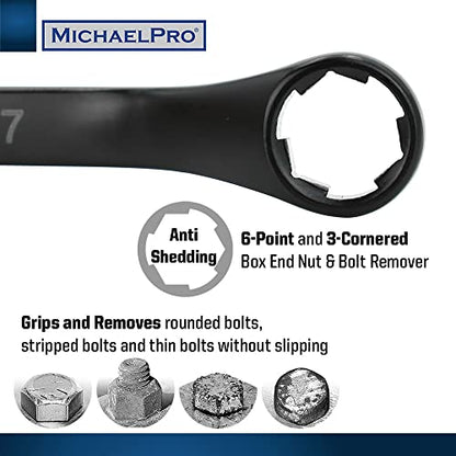 MichaelPro 18-Piece Bolt Extractor Wrench and Socket Set, 45° Offset Wrenches Metric 6-19mm, 6-Point Box End Nut for Rounded, Stripped & Thin Bolts Removal, CR-V Steel, Extractor Sockets 10-19mm
