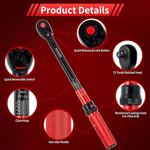 Hairich torque wrench 1/2, 10-170ft.lb/13.6-230Nm, ±3% HIGH PRECISION | 1/2 Inch Drive Click Torque Wrench, Dual-direction Torque Wrenches 72-tooth with Dual Range Scales, High Precision For Car - size: 10-170 FT.LB