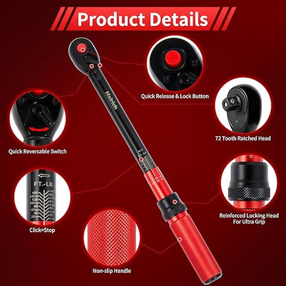Hairich torque wrench 1/2, 10-170ft.lb/13.6-230Nm, ±3% HIGH PRECISION | 1/2 Inch Drive Click Torque Wrench, Dual-direction Torque Wrenches 72-tooth with Dual Range Scales, High Precision For Car - size: 10-170 FT.LB