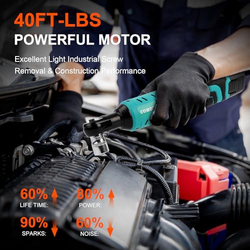 COMOWARE 3/8 Cordless Electric Ratchet Wrench Kit, 40ft-lbs Torque, 12V Power, 8 Sockets, LED Light, Fast Charger, Ergonomic Design | 12V Power, Electric Socket Wrench, LED Light,Lightweight & Compact, Fast Charger, Ergonomic Design