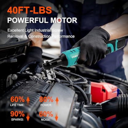 COMOWARE 3/8 Cordless Electric Ratchet Wrench Kit, 40ft-lbs Torque, 12V Power, 8 Sockets, LED Light, Fast Charger, Ergonomic Design | 12V Power, Electric Socket Wrench, LED Light,Lightweight & Compact, Fast Charger, Ergonomic Design