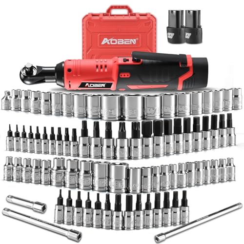 AOBEN Cordless Electric Ratchet Wrench with 83pc 1/4" to 3/8" impact sockets set,12V Electric Wrench with Variable Speed,3/8" to 1/4" Adapter, 3" Extension Bar - size: Extra Large
