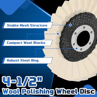 NOOTEASS 5 Pack Wool Felt Flap Polishing Disc Wheel, 4-1/2" x 7/8" Arbor High Density Wool Buffing Pads for Angle Grinder Marble Metal Stone Stainless Steel Furniture Glass, Mirror Finish