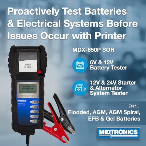Midtronics MDX-650P SOH -12V & 24V Digital Battery Conductance & Electrical System Analyzer Battery Tester + Printer - I0' Cables, SOH Graph, Tool Bag