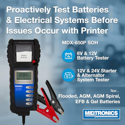Midtronics MDX-650P SOH -12V & 24V Digital Battery Conductance & Electrical System Analyzer Battery Tester + Printer - I0' Cables, SOH Graph, Tool Bag