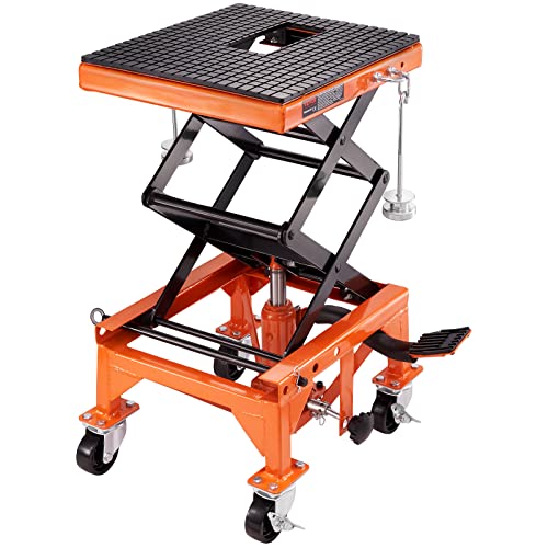 VEVOR Hydraulic Motorcycle Lift Table, 350 lbs Capacity Motorcycle Scissor Jack Lift with Wide Deck, J-Hooks, 4 Wheels, Hydraulic Foot-Operated Jack Stand for ATV Dirt Bikes