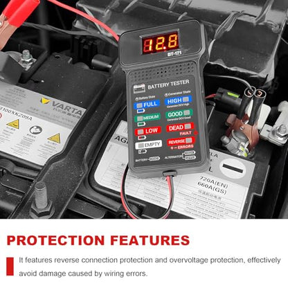 12V Car Battery Tester, Fast Response Charging System Analyzer with LCD Screen & LED Indication, Battery Load Monitor Digital Voltmeter Alternator Tester for Most Vehicles