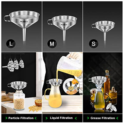 Stainless Steel Funnel, Walfos 3 Pack Kitchen Funnel with 2 Removable Strainer ＆ 1Pcs Cleaning Brush, Perfect for Transferring of Liquid, Oils, Jam, Dry Ingredients & Powder - color: 3pcs funnel 5.7+4.9+4.1 inch