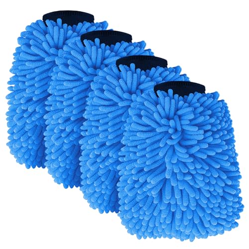 Car Wash Mitt Microfiber, Premium Chenille Microfiber Wash Car Mitts Sponge Scratch Free & Lint-Free, Mitts Waterproof Lining 4 Pack Blue (8''X12'') - size: XCST_8X12IN_SB_4PCS