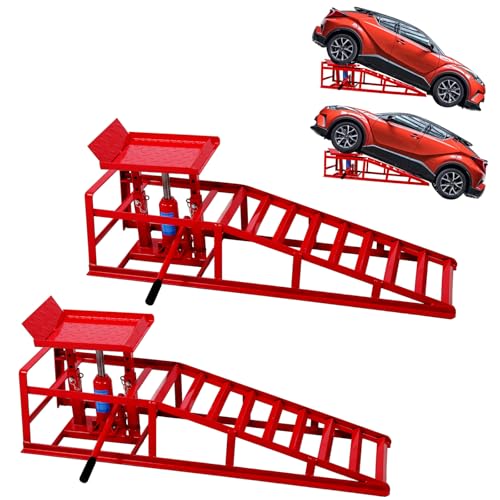 Anwick 2 Pack Hydraulic Car Ramps for Oil Changes, 5T Heavy Duty Steel Truck Ramps, Adjustable Lift Height, Low Profile Car Lift Ramp with Hydraulic Jack, Car Lifts for Home Garage (Red, 45") - color: Red
