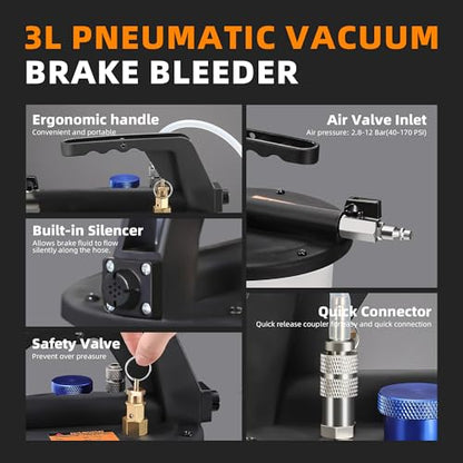 FOUR UNCLES Brake Bleeder Vacuum Pump Kit - Pneumatic Brake Fluid Extractor with 1L Refilling Bottle for Brake Fluid Bleeding, One-Person Operation - size: 3L Standard Version