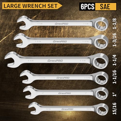 GRENPRO SAE Wrench Set, Large Wrench Set, 7-Piece 15/16", 1", 1-1/16", 1-1/8", 1-3/16", 1-1/4" Long Big Open End Wrench Tools Set Roll Up Pouch Organizer with Gauge, 12 Point Combination Wrenches Sets - style: SAE Wrench Set Large