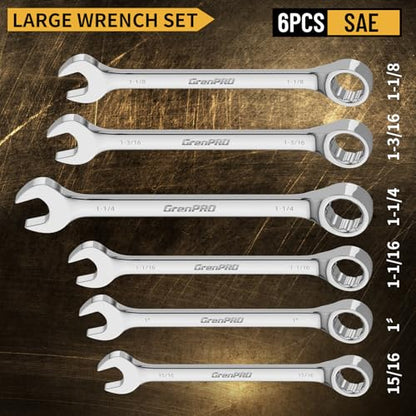 GRENPRO SAE Wrench Set, Large Wrench Set, 7-Piece 15/16", 1", 1-1/16", 1-1/8", 1-3/16", 1-1/4" Long Big Open End Wrench Tools Set Roll Up Pouch Organizer with Gauge, 12 Point Combination Wrenches Sets - style: SAE Wrench Set Large