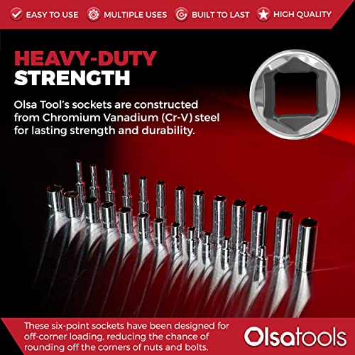 Olsa Tools Metric Deep Socket Set - 1/4-Inch Drive, 14pc - 6-Point Chrome Sockets from 4mm–15mm and No Skipped Sizes - Mechanic Deep Metric Socket Set - Professional Grade Long Sockets - Part: 1327 - color: Metric Deep, size: 14pc, 1/4-Inch Drive