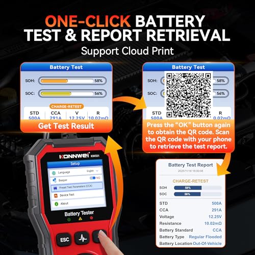 KONNWEI KW331 Car Battery Tester 6V/12V/24V with Cloud Report 10-2000CCA Lead-Acid, AGM, Lithium Battery Tester Automotive Alternator Tester Cranking Charging System for Car Truck Motorcycle Boat