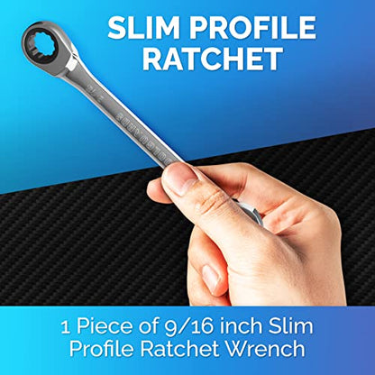 Ratcheting Wrench - Slim Profile - Ratchet Wrench, 9/16" Wrench - size: 9/16"