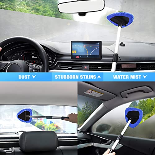 Windshield Cleaning Tool, Car Window Cleaner with Extendable Long Handle and 4 Washable Reusable Microfiber Pads, Auto Interior Exterior Glass Wiper Cleaning Kit Universal for Office and Home (Blue) - color: Blue