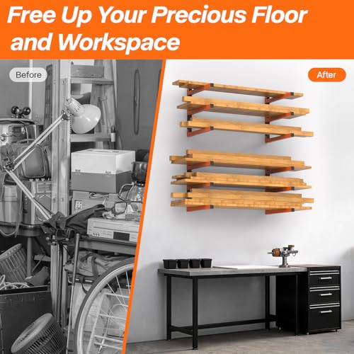 TVKB 2 Pack Heavy Duty Lumber Storage Rack, Wall Mount Wood Rack with 3-Level, Garage Wood Storage Shelves for Lumber, Plywood & Long Tools, Orange, Indoor/Outdoor