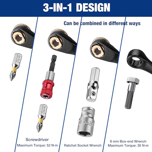 WORKPRO 1/4" Mini Ratchet Wrench Set with Magnetic Bit Holder, Screwdriver Bit Set, S2 Steel, Metric Shallow Socket (6-13mm), 72-Tooth, Right Angle Screwdriver, with Storage Case for DIY, Auto Repair | Mini Ratchet Wrench 1/4" Double Head 3-in-1 S2 Steel