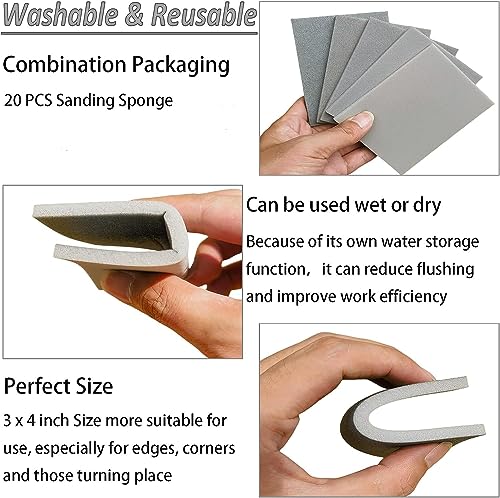 Tonmp 20 Pcs 3 x 4 Inch 600 Grit Sanding Sponge Set, Ultra Fine Sanding Sponges Pads, Soft Foam Hand Sander Block Wet Dry Sandpaper for Model Drywall Metal Wood Furniture Polishing (600 Grit) - style: 600 Grit