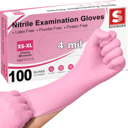 Schneider Medical Nitrile Exam Gloves, Powder & Latex Free, Pink | Disposable for Medical Exams, Cooking, Food Prep, Cleaning, Home, Household Use, 4Mil - size: X-Small