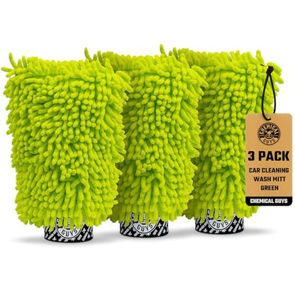 Chemical Guys, Chenille Scratch-Free Microfiber Wash Mitt, Lime Green, 3 Pk | Soft chenille microfiber mitts hold thick suds and trap grit for safe, scratch-free contact washing, three pack - size: 3 Pack