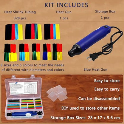 Heat Gun for Shrink Tubing - 328pcs 2:1 Wiring Heat Shrink tubing + 300W Shrink wrap Heat Gun with Case. - size: Shrink Ratio 2:1 with case