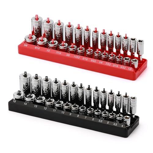 1/4-Inch Drive Socket Organizer Trays, 2-Piece SAE and Metric Socket Tray Set, Deep and Standard Socket Holders Organizers for Toolbox, Black & Red - size: 1/4-Inch Drive SAE and METRIC